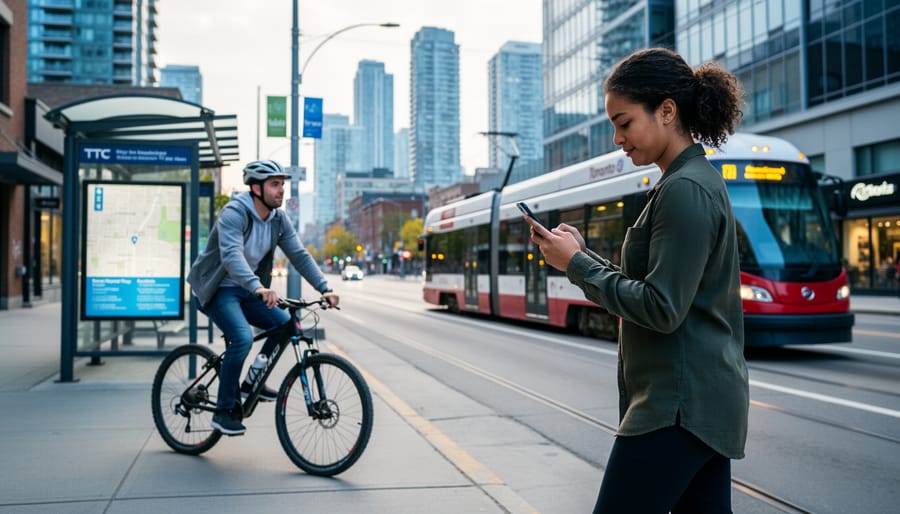 People walking and cycling near a Toronto streetcar stop with a downtown skyline in the background, representing local neighborhood discovery.