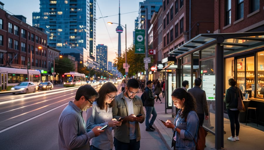 A person holding a smartphone on a Toronto street corner at dusk with wet pavement reflecting city lights.
