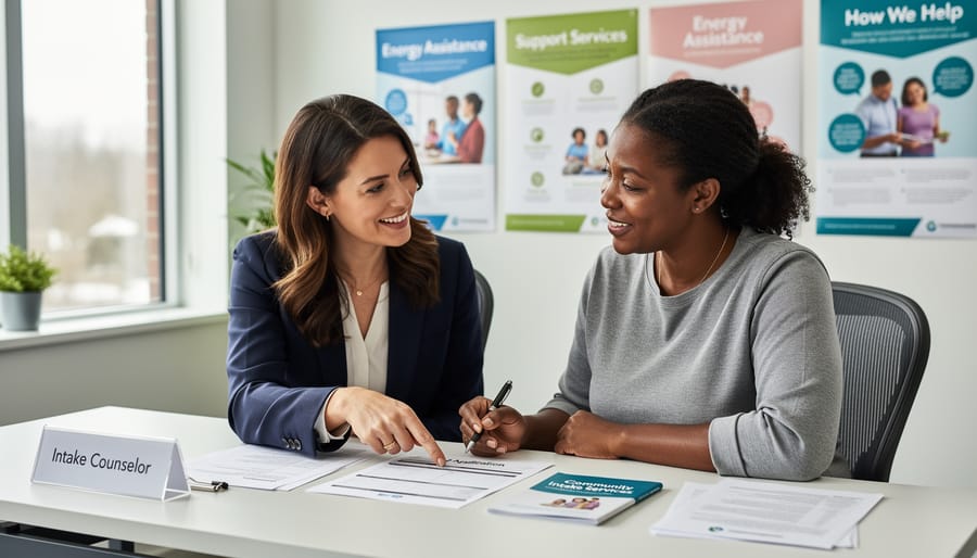 Two people discussing paperwork at a community office desk