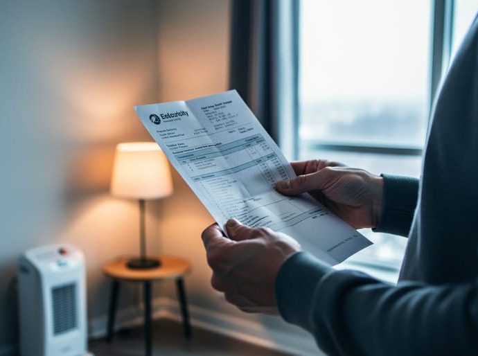 Person holding an electricity bill indoors next to a gently lit lamp and heating element, representing emergency assistance for Toronto energy costs.