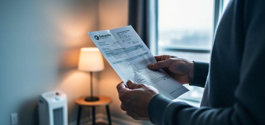 Person holding an electricity bill indoors next to a gently lit lamp and heating element, representing emergency assistance for Toronto energy costs.