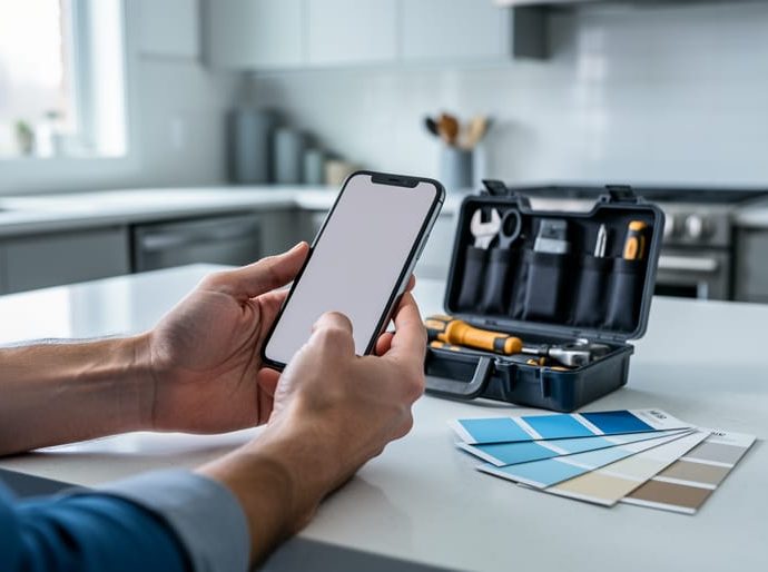 A homeowner’s hands budgeting for a renovation in a modern Ontario kitchen with paint swatches, a small toolbox, and a smartphone showing an unreadable estimate screen.