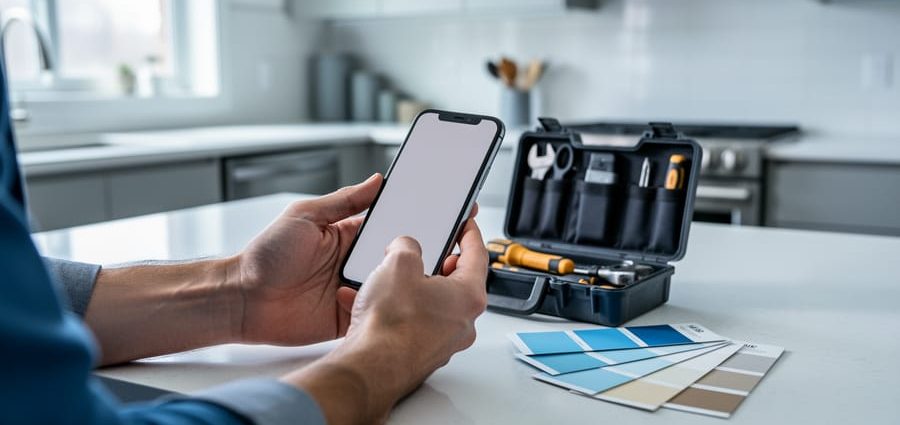 A homeowner’s hands budgeting for a renovation in a modern Ontario kitchen with paint swatches, a small toolbox, and a smartphone showing an unreadable estimate screen.