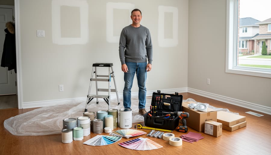 Homeowner hands holding paint swatches and tools in a bright living room partially staged for a cosmetic refresh