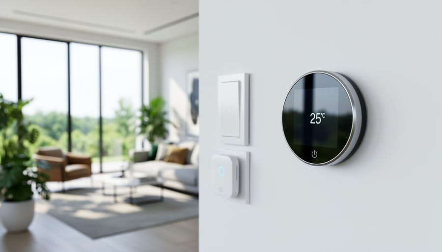 Smart thermostat mounted on a wall next to a smartphone on a kitchen counter