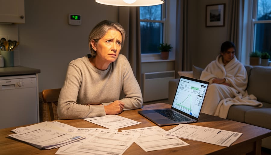 Person holding utility bills in a Toronto apartment living room near a closed window