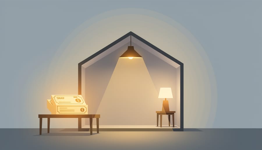 Warm lamp light on a kitchen table with folded blanket and coins nearby