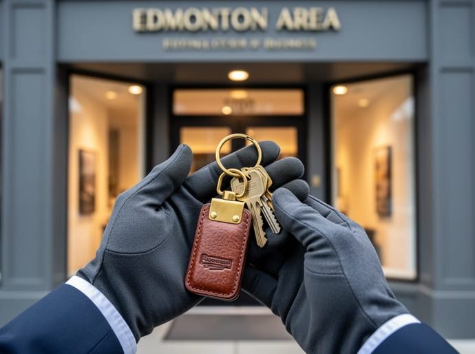 Gloved hands holding keys in front of a warmly lit established storefront, representing purchasing a business in Edmonton.