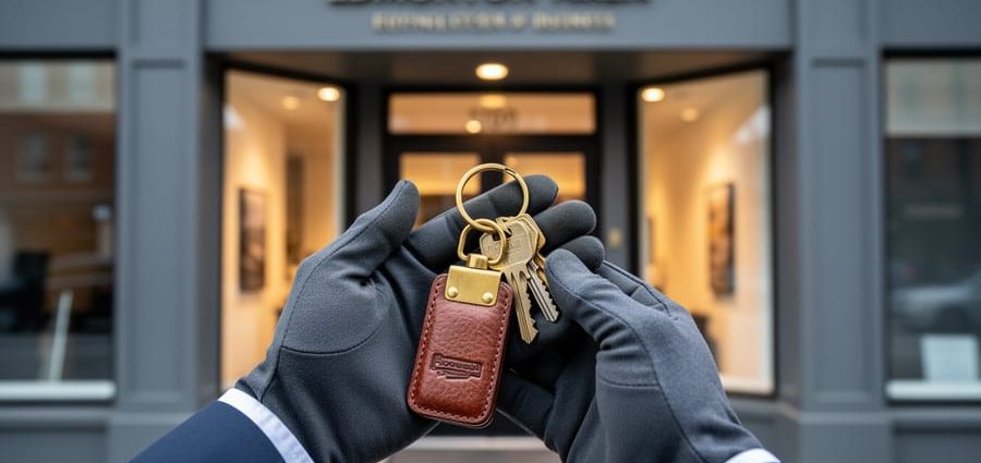 Gloved hands holding keys in front of a warmly lit established storefront, representing purchasing a business in Edmonton.