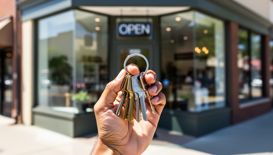 Keys in an owner’s hand next to an Edmonton storefront door