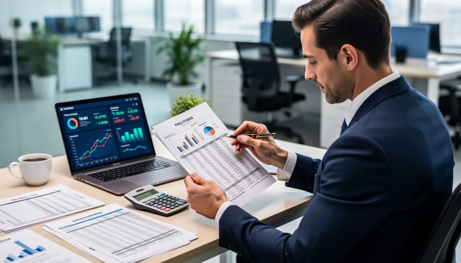 Financial documents and calculator on a desk with an open binder