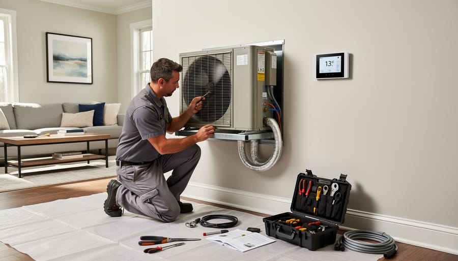 HVAC technician and homeowner thermostat beside an indoor heat pump air handler unit in a basement.