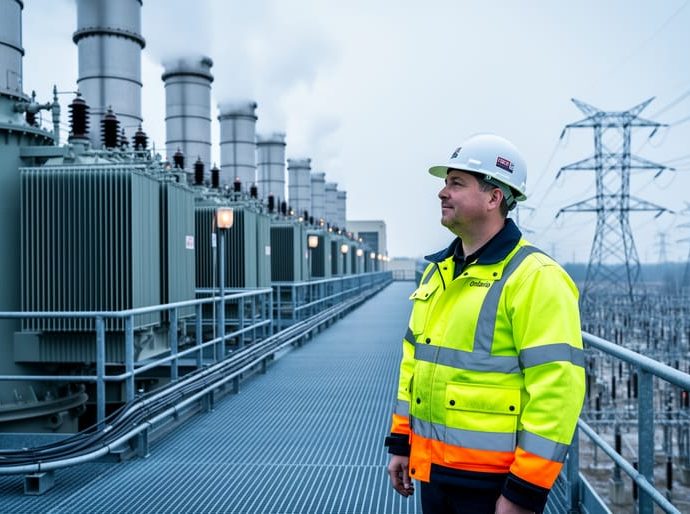 “A power engineer in a hard hat and high-visibility jacket stands at an industrial power facility near turbines and transformers under an overcast sky.”