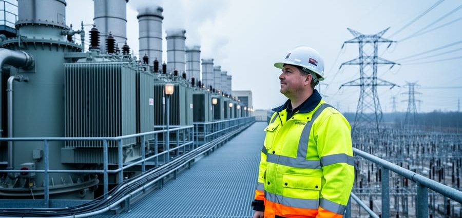 “A power engineer in a hard hat and high-visibility jacket stands at an industrial power facility near turbines and transformers under an overcast sky.”