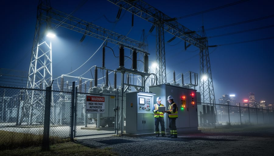 Wide view of an Ontario electrical power substation with steel transmission equipment in the foreground at dusk