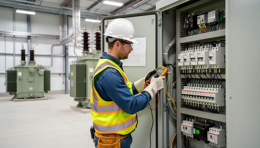 High-visibility safety-clad power engineer inspecting switchgear equipment in an industrial setting