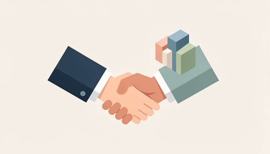 Handshake between two people in front of a small business doorway