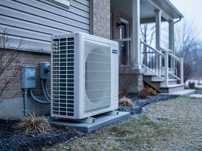 Outdoor heat pump unit installed beside a Toronto home with winter landscaping, representing the cost and installation context for a large residential system.
