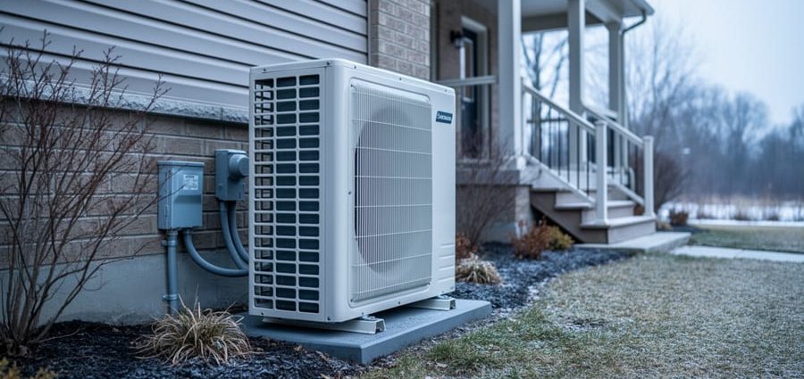 Outdoor heat pump unit installed beside a Toronto home with winter landscaping, representing the cost and installation context for a large residential system.