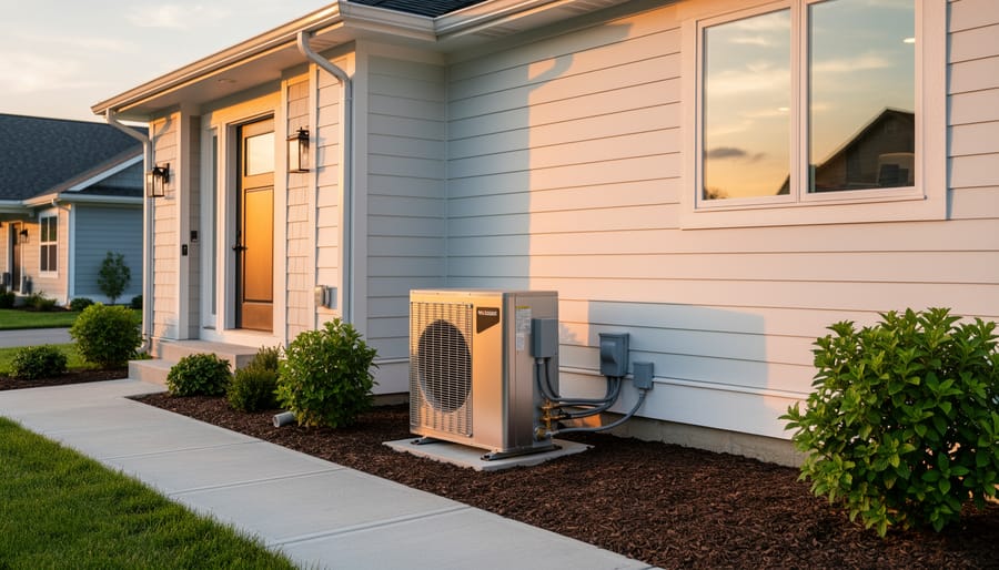 Toronto home exterior at dusk with warm windows and heat pump area partially visible.