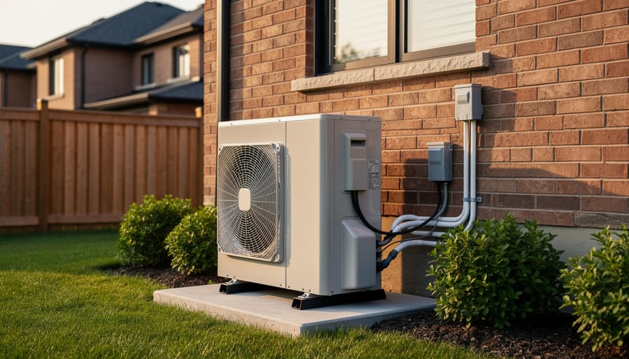 Outdoor air-source heat pump unit installed beside a residential home in Toronto.